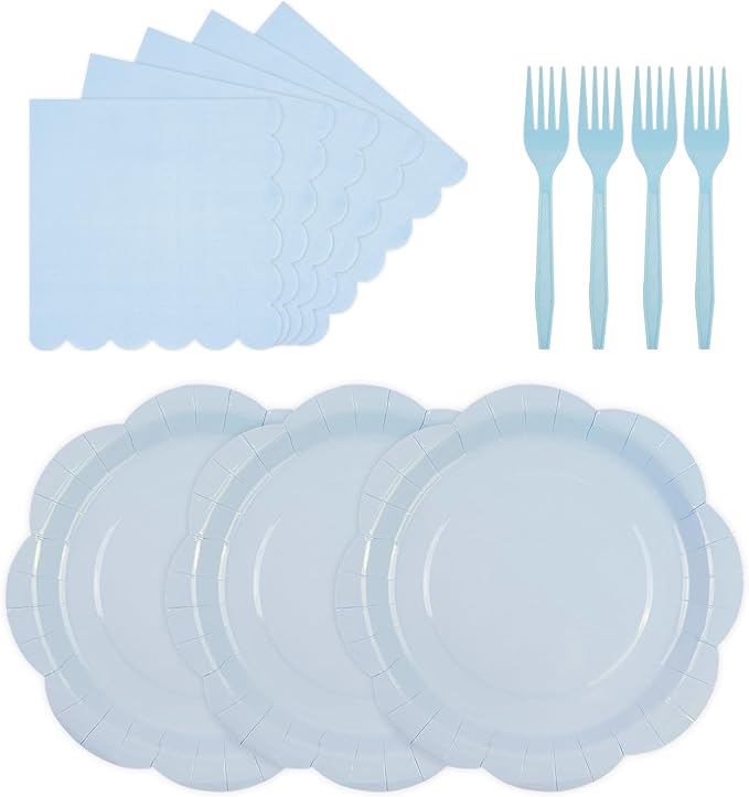 75 PCS Blue Paper Plates and Napkins Party Supplies, Light Blue Scalloped Plates Napkins Forks Disposable Tableware Set for Bridal Baby Shower Wedding Birthday Party Decorations