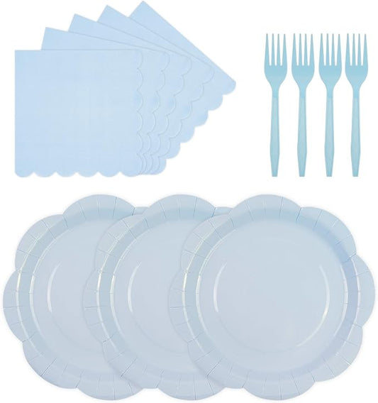 75 PCS Blue Paper Plates and Napkins Party Supplies, Light Blue Scalloped Plates Napkins Forks Disposable Tableware Set for Bridal Baby Shower Wedding Birthday Party Decorations