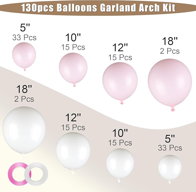 130-Pack Pastel Pink & White Balloon Garland Kit - 18/12/10/5 Inch Different Sizes White and Pink Latex Balloons for Baby Shower, Princess Birthday, Wedding Arch Decor