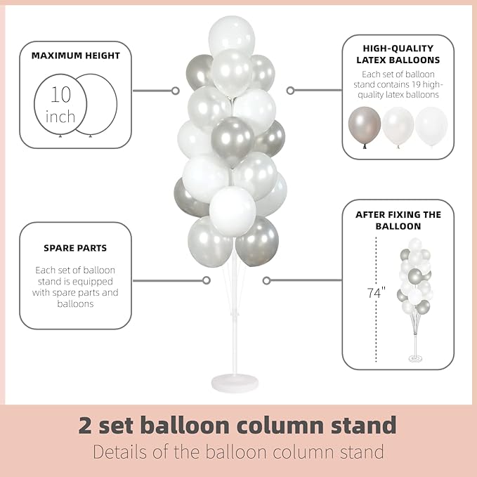 Balloon Column Kit Set of 2 With Balloons Included - with Base, and Pole,Balloon Tower Backdrop Decoration for Wedding, Baby Shower, Birthday Party, or Bachelorette Parties (Silver White)