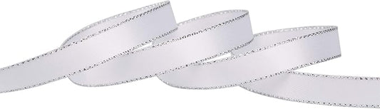 3/8" Double Face Satin Ribbon with Silver Edge 25 Yards (029-White), Set for Gift Wrapping, Party Decor, Wedding and Craft