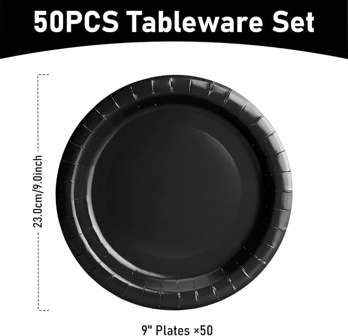 50 Pcs Party Plates, Black Disposable 9 inch Paper Dinner Plates Sets Party Supplies for Birthday Baby Shower Wedding Picnic