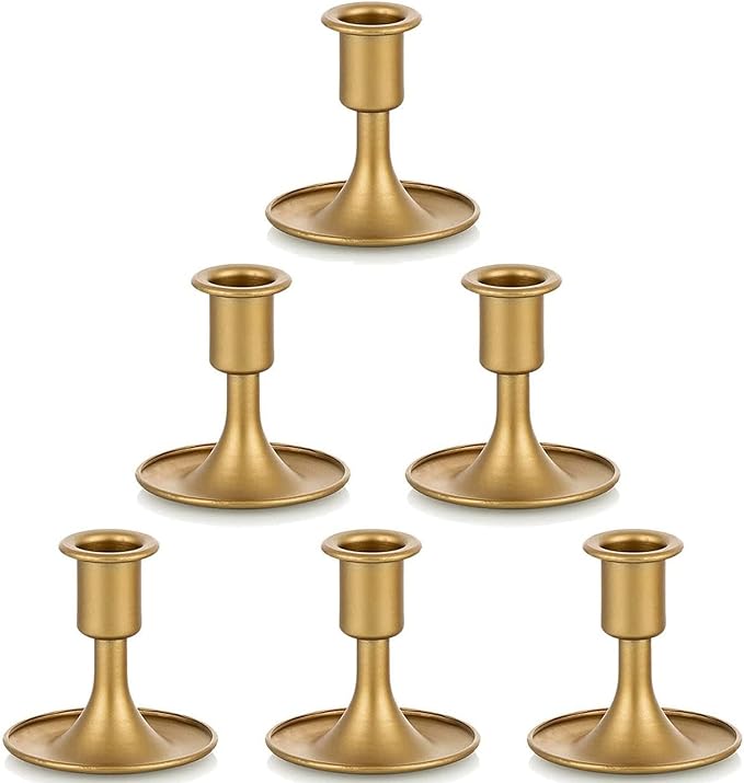 Gold Taper Candle Holder Set of 6, Hewory Short Skinny Brass Candlestick Holders, Vintage Small Low Metal Candles Sticks for Wedding Centerpieces Christmas Birthday Party Holiday Dining Table Decor