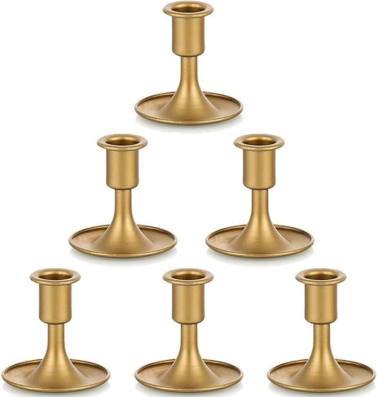 Gold Taper Candle Holder Set of 6, Hewory Short Skinny Brass Candlestick Holders, Vintage Small Low Metal Candles Sticks for Wedding Centerpieces Christmas Birthday Party Holiday Dining Table Decor