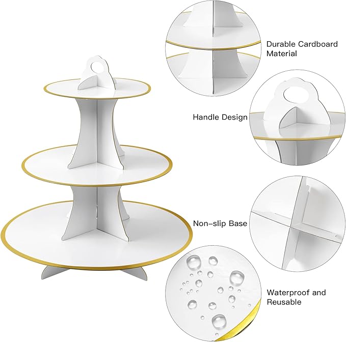 Soleebee 3-Tier Round Cupcake Stand, Cardboard Cupcake Tower, Dessert Cup Cake Stand Tower for Birthday Wedding Party Decoration, Cupcake Tier Stand 1 Set (White Gold)