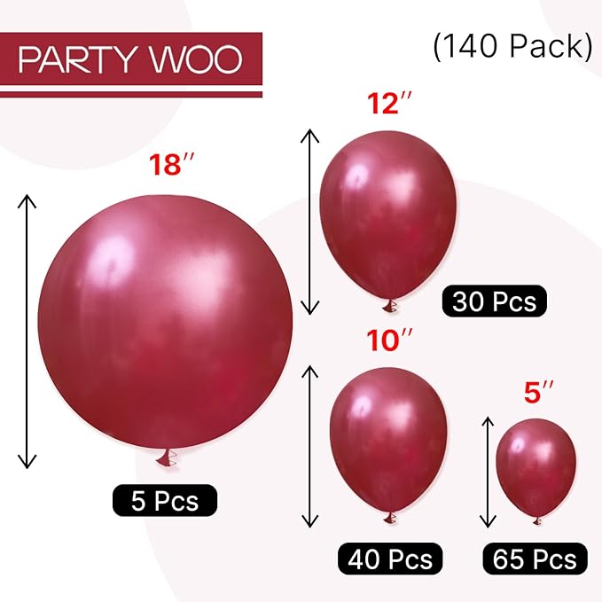 PartyWoo Pearl Burgundy Balloons 140pcs Different Sizes of 18 12 10 5 Inch Dark Red Maroon Wine Colored Balloon Arch Kit Garland for Graduation Wedding Anniversary Birthday Party Decorations Red-Z61