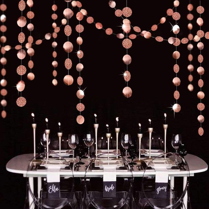 Decor365 Rose Gold Glitter Dot Garland Birthday Party Decorations Circle Streamers Banner Backdrop for Weddings Baby Showers Bridal Showers Gender Reveals Engagements Graduation Parties Decor