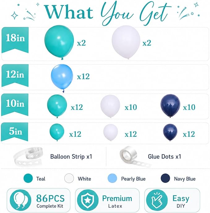 Teal Balloon Garland Arch Kit, Navy Blue Light Blue Teal White Turquoise Aqua Latex Balloons Garland Kit for Boys Girls Women Bridal Baby Shower Ocean Birthday Wedding Party Decorations Supplies