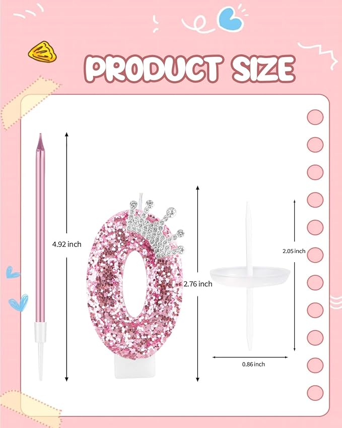 Birthday Candles for Cake, Pink Number Candles, Cake Candles with Greeting Card for Birthday Party Wedding Anniversary Celebrations (0 Candle, Silver Crown)