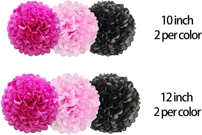 Pink and Black Paper Pom Poms (12 Pack) - Hanging Tissue Flowers for Birthday Party Ceiling Decorations