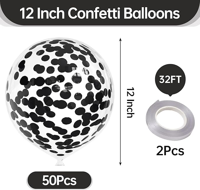 50pcs Black Foil Confetti Balloons,12 inch Latex Balloon with Black Confetti Inside for Birthday Family Party Wedding Party Baby Shower Decoration Supplies