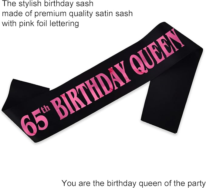 65th Birthday Queen Sash, Pink Foil Black Satin Birthday Sash for Women 65th Fabulous Birthday Party Gift Decorations Favors