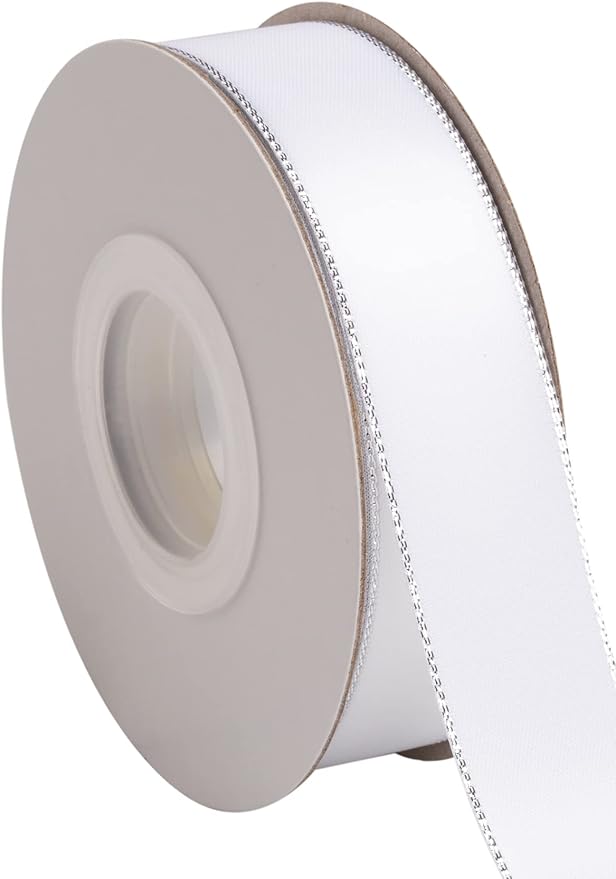 1" Double Face Satin Ribbon with Silver Edge 25 Yards (029-White), Perfect for Gift Wrapping, Party Decor, Wedding and Craft
