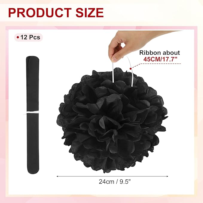 PATIKIL 10inch Tissue Paper Pom Poms, 12PCS Pom Poms Paper Flowers Ball Tissue Paper Flowers for Wedding Bridal Shower Birthday Bachelorette Party Backdrop Decoration, Black