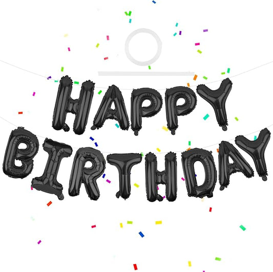 Happy Birthday Balloons Banner Black 16 Inch Mylar Foil Letters