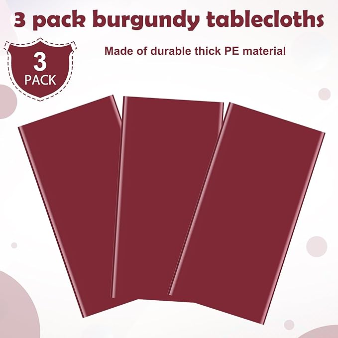 3Pcs Burgundy Tablecloth,Disposable Plastic Tablecloths,Waterproof Wine Red Rectangle Table Cover for Graduation Birthdays Weddings Anniversary Party Decorations,54 x 108 Inch