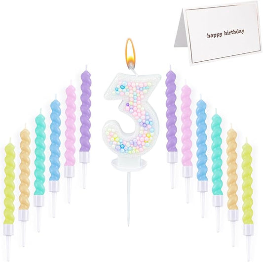 Number Birthday Candle with 12PCS Spiral Candles and A Birthday Card - Perfect for Celebrating Birthdays (Macaron Glitter, Number 3)