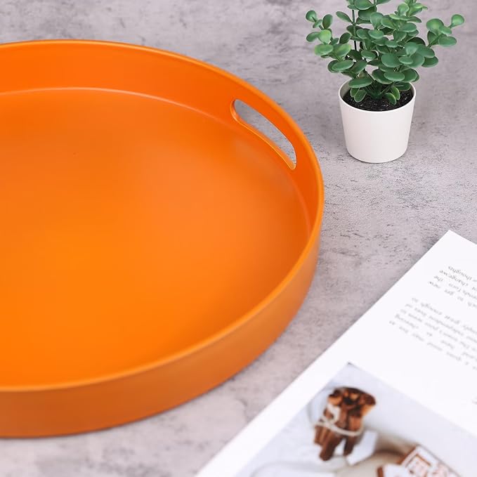 Round Orange Decorative Serving Tray with Handles, 13” Versatile Ottoman Tray for Coffee Table, Entertaining, Outdoor Patio, Living Room