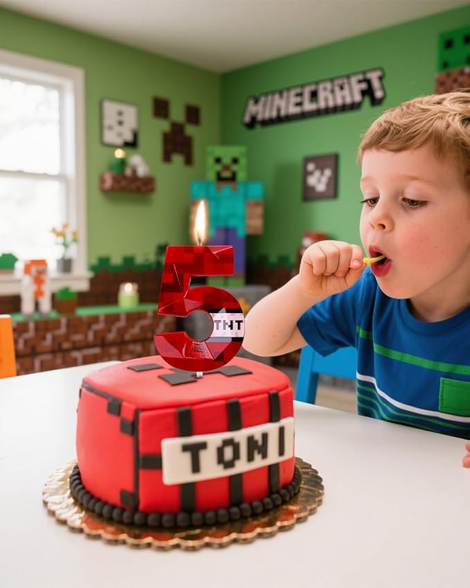Number 5 Red Pixel Birthday Candle, TNT Themed Birthday Candles for Cake, 2.70 Inch Green Miner Number Candles, Game Themed Candle Birthday Decoration, Red Birthday Cake Topper for Boys Girls Party