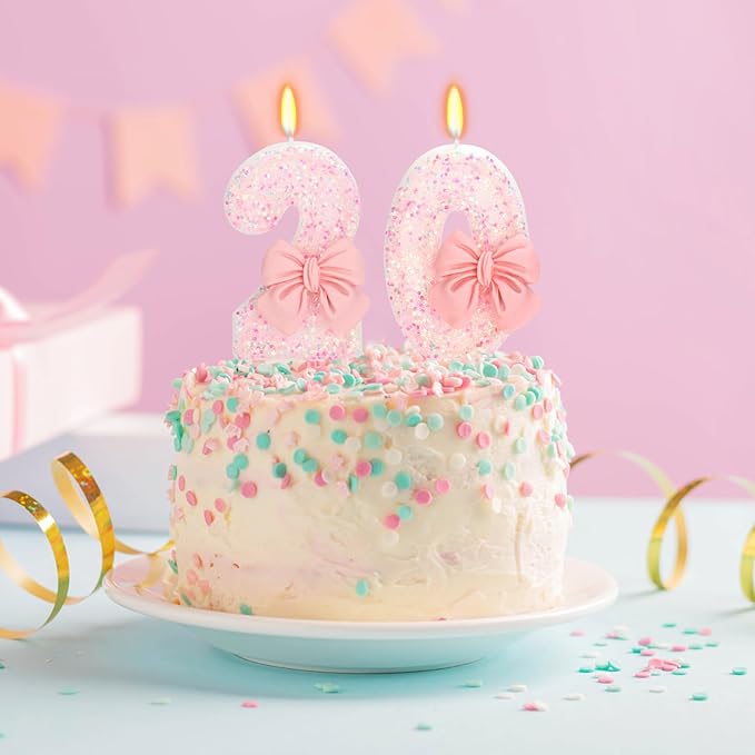20th Birthday Candles for Cake, Pink Bow Number Cake Candles, 2.76 inch Number Happy Birthday Candle, Cake Topper Decoration for Birthday Party (Number 20)
