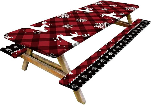 Picnic Table Cover with Bench Covers Set of 3, Elastic Fitted Tablecloth for 6 Foot Tables, Washable Polyester Tablecloths for Camping, Indoor & Outdoor