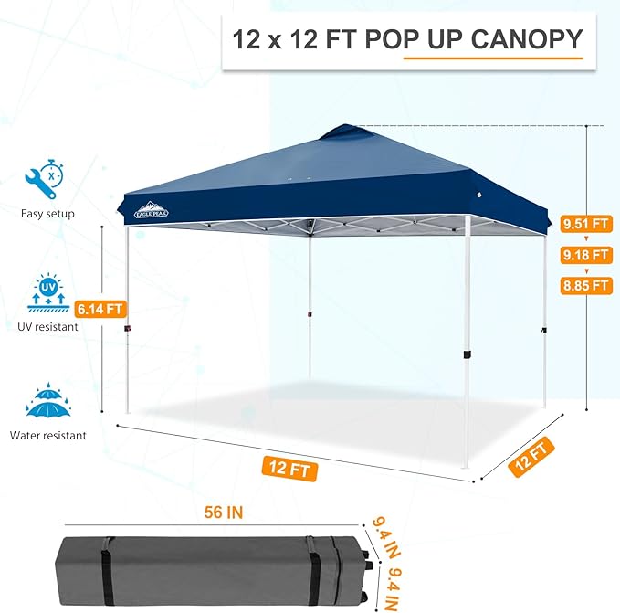 EAGLE PEAK Pop Up Canopy Tent with Wheeled Carry Bag, 8 Stakes, 4 Ropes, 4 Weight Bags, Easy Set Up Tent Canopy, 12x12 ft, 144sqft of Shade, Dark Blue
