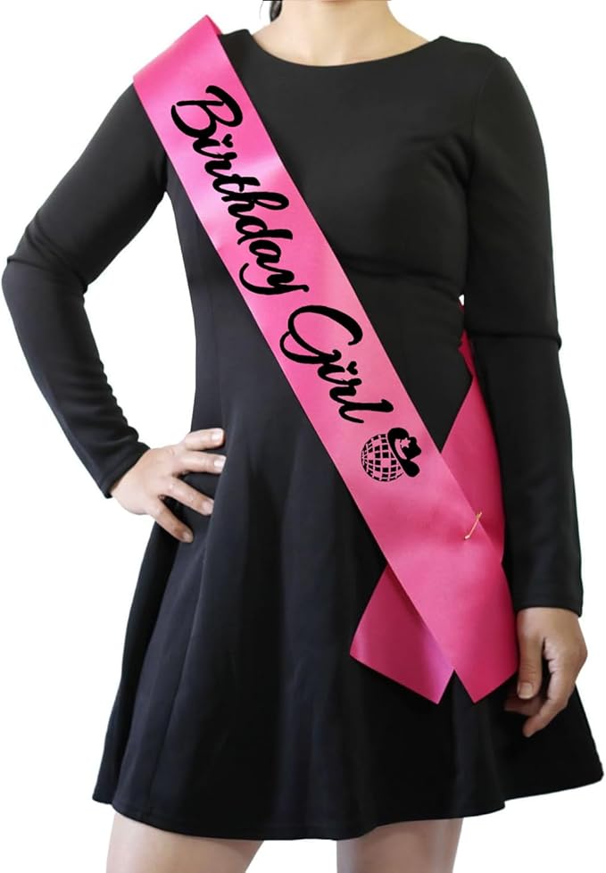 Birthday Girl Sash, Disco Cow Birthday Sash for Cowgirl Funny Birthday Gift Ideas Suppiles, Hot Pink+ Black Foil