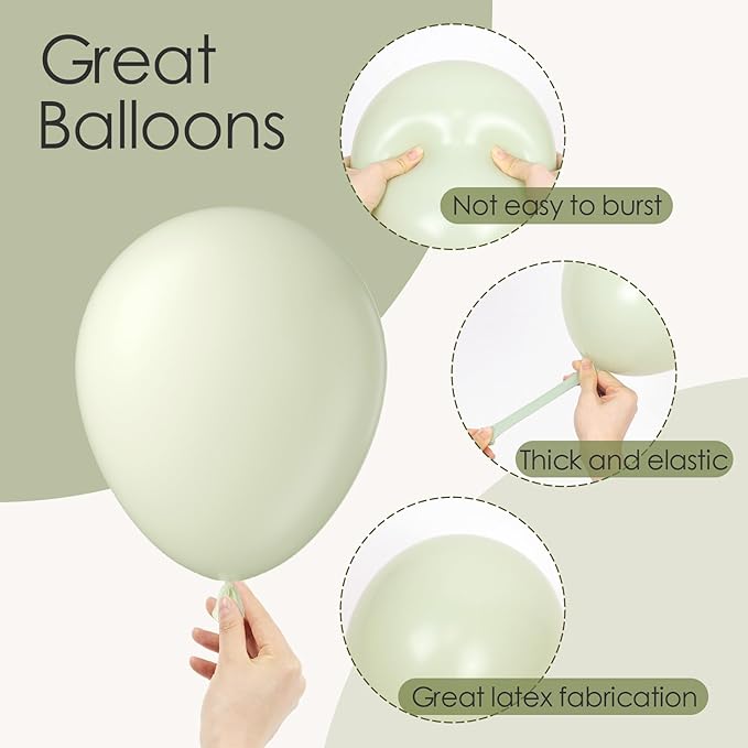 120pcs Sage Green Balloons, 18 12 10 5 inch Sage Balloons Different Sizes Sage Green Balloon Arch Kit for Wedding Bridal Baby Shower Birthday Party Decorations
