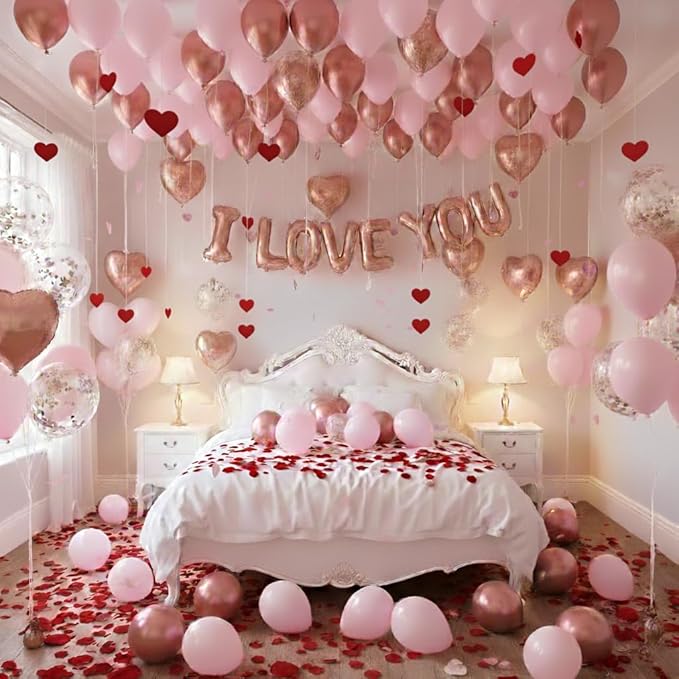 Valentines Day Balloons Garland Arch Kit, Rose Gold Pink Heart I love You Balloons Rose Petals for Galentine's Day Birthday Wedding Anniversary Engagement Valentines Party Decor Special Night