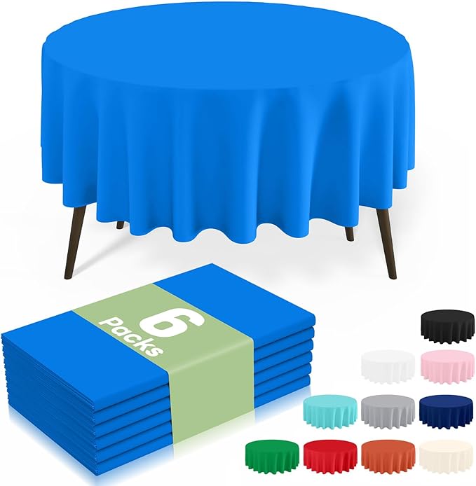 misaya 6 Packs Disposable Plastic Table Cloth, 84" Round Waterproof Tablecloth, Leakproof & Sturdy Decorative Table Covers for Picnic, Party and Outdoor, Blue