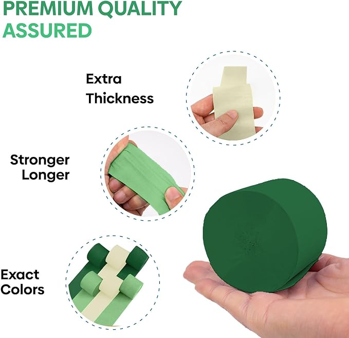 Captain Décor 6 Crepe Paper Streamers Rolls, 492ft Pack of 6 Green & White Streamers for Party Decorations, Birthday Streamers, Party Streamers for Wedding Decoration (1.8 inch x 82 ft/Roll)…