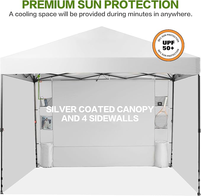Tunbne 10X10 Comercial Pop Up Canopy Tent with 4 Sidewalls and 6 Pockets, One Push Setup Center Lock, for Beach Patio Outdoor, Case, 8 Stakes, 4 Ropes, 4 Sandbags (Snow White)