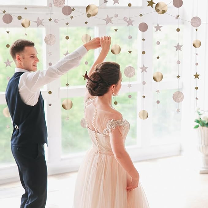 Star and Circle Hanging Garland, 65 feet Champagne Gold Party Decorations Stars Banner Streamer Backdrop for Birthday Baby Shower Christmas New Year Eve Starry Night Theme Party Supplies