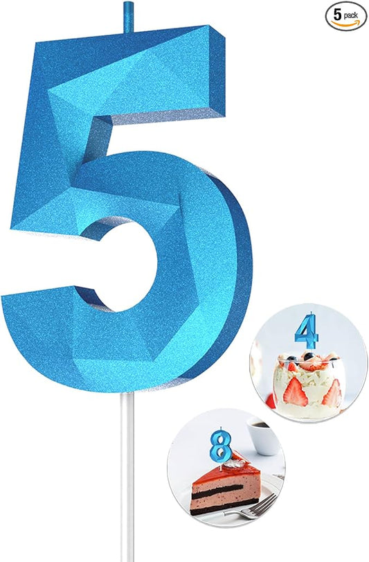 Number Birthday Candles(5 Candle Blue) 3D Diamond Shape Number Happy Birthday Cake Candles for Birthday Party Wedding Decoration Reunions Theme Party