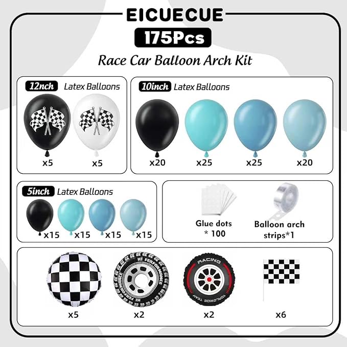 Race Car Balloon Arch Kit - 175Pcs Different Size Balloons Tire Flags Checkered Black Blue White Balloon Garland Kit for Racing Car Two Fast 2nd Theme Birthday Anniversary Party Decorations