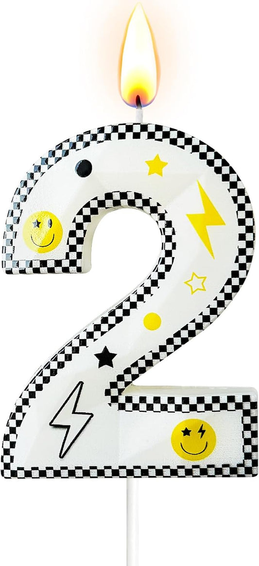 Number 2 Birthday Candle for Cake – 2.7 Inch Large Size Black White Checkered Smiley Design with Lightning & Star – two Happy Dude Theme Cake Topper Decoration