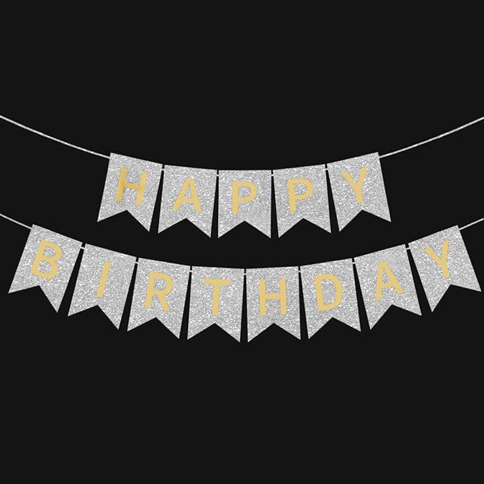 Silver Happy Birthday Banner - 16 ft Pre-Strung Gold & Silver Birthday Party Decorations Sign for Girls, Boys, Kids, Women - No DIY Hanging Backdrop for Indoor & Outdoor Celebrations