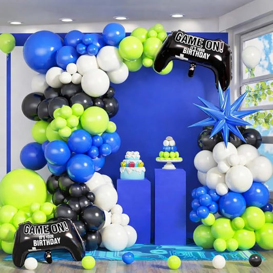 Jobkoo Video Game Balloon Arch Garland Kit with Game Controller Foil Balloons Blue Green Black White Latex Balloons Explosion Star Balloon for Boys Gaming Night Birthday Baby Shower Party Decorations