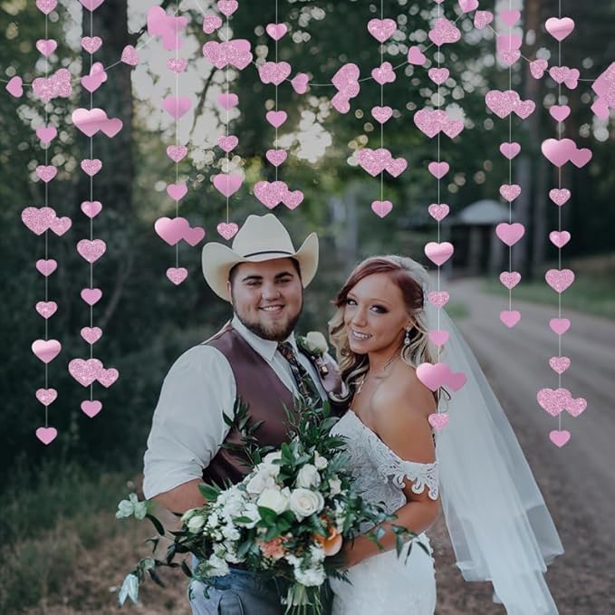 Pink Heart Garland Hanging Sparkling Love Streamer Glitter Bunting Banner Twinkle Heart Backdrop for Wedding Engagement Valentines Galentines Birthday Party Decor 40 Feet