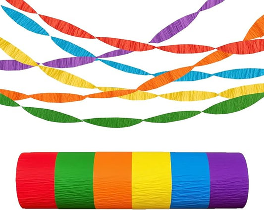 Colorful Rainbow Crepe Paper Streamers Birthday Party Backdrop for Banner and Balloons, Muilti Color Backdrop -6 Rolls Each 25 Meters 1.7in Wide