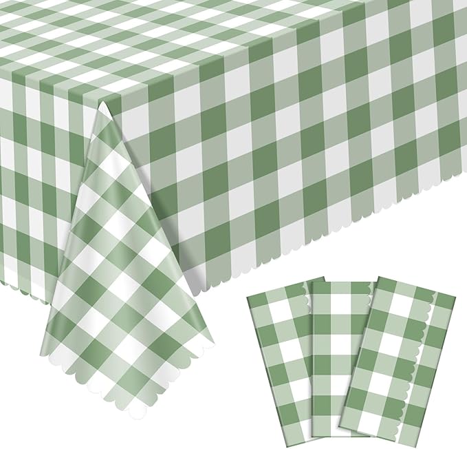 3 Pack Sage Green Gingham Tablecloths, 54 X 108Inch Scalloped Green and White Checkered Tablecloth Disposable Party Table Cover for Baby & Bridal Shower Picnic Camping Birthday Barbecue Wedding Party