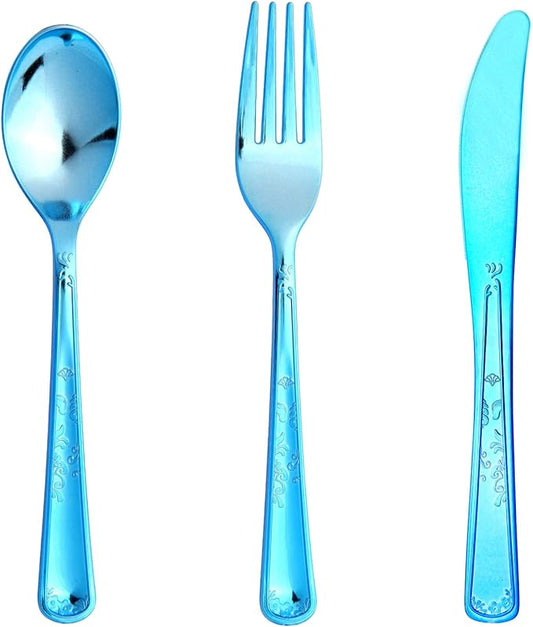 180 Pack Disposable Deep Blue Plastic Silverware Contain 60 Forks,60 Spoons,60 Knives, Solid and Durable Plastic Cutlery Utensils Set Perfect for Parties,weddings.