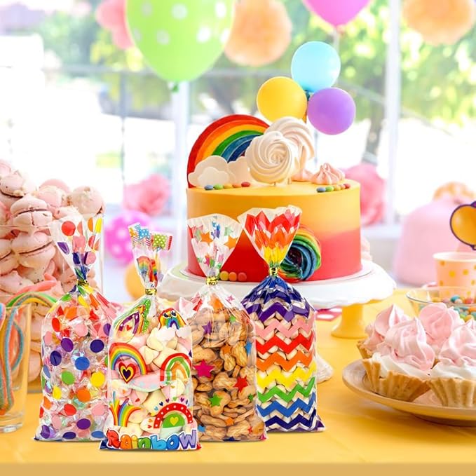 120 PCS Rainbow Cellophane Treat Bags, Colorful Cellophane Bags, Plastic Star Polka Dot Stripes Printed Candy Cookies Goodie Gift Bag for Valentine's Day Kids Birthday Party Holiday Favor Supplies