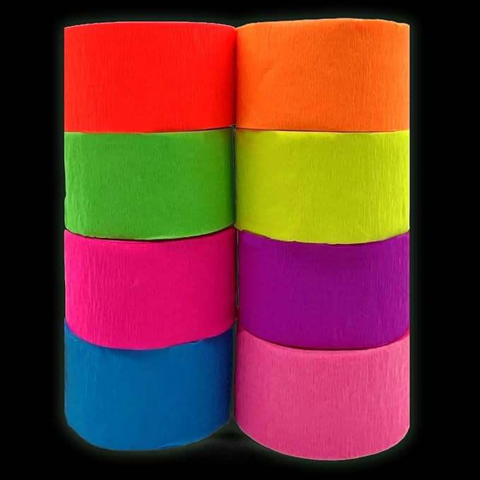 880feet Blacklight Party Streamer Decorations 8 Rolls Glow Crepe Paper UV Reactive Fluorescent Neon Paper Streamers Glow Party Supplies and Decorations for Wedding Birthday Neon Fiesta Party