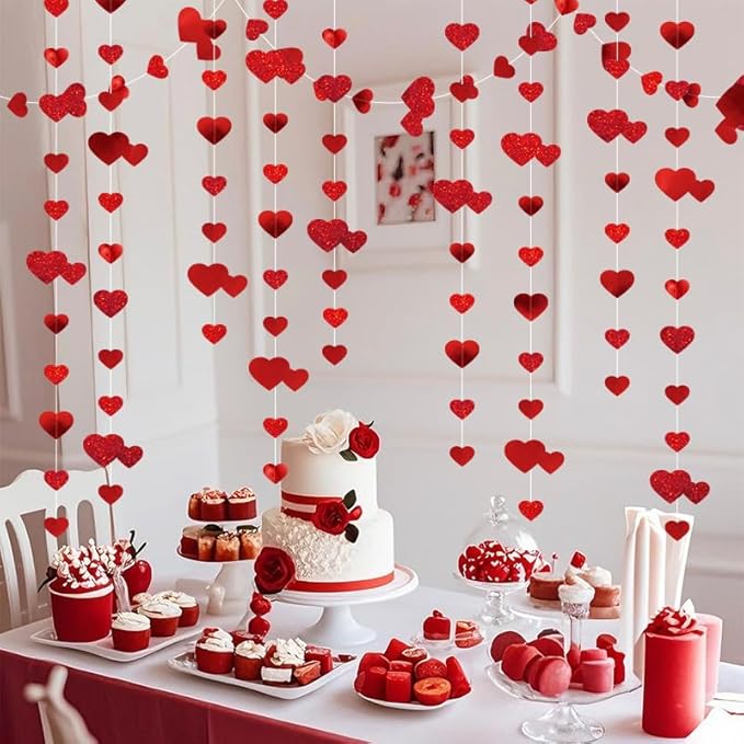 Red Heart Garland Hanging Sparkling Love Streamer Glitter Bunting Banner Twinkle Heart Backdrop for Wedding Engagement Valentines Galentines Birthday Party Decor 40 Feet