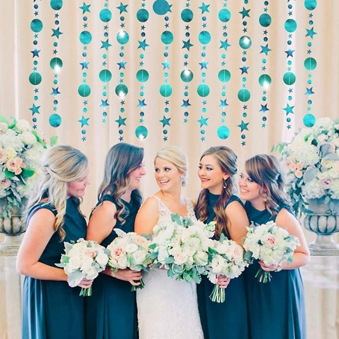 Cheerland Glitter Teal Aqua Blue Party Decorations Hanging Star Circle Garland Birthday Bridal Shower Backdrop Wedding Reception Bachelorette Decor Dot Streamer Graduation Party Under The Sea Theme