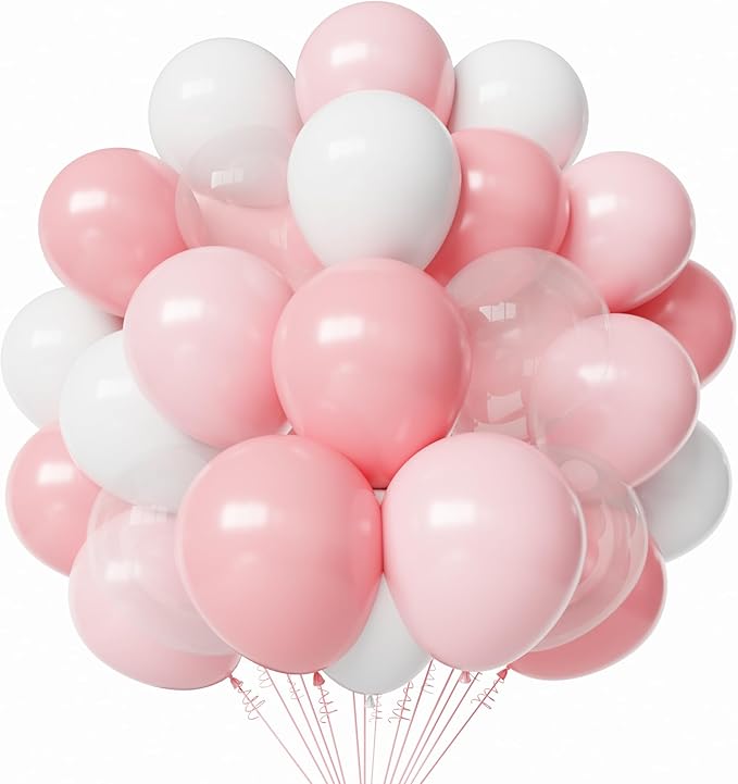 Pink and White Latex Balloons, 60pcs 12 Inches Pink and White with Transparent Balloons for Wedding, Birthday, Baby Shower Party Decorations