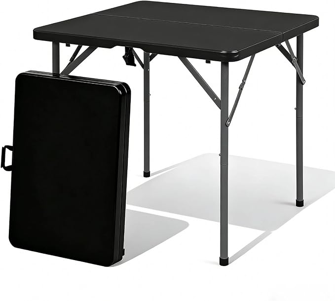 34 Inch Square Folding Card Table - Heavy Duty HDPE Plastic, Fold-in-Half Design with Carry Handle. Indoor Outdoor Portable Utility Table for Picnic, Camping, Party, Dining & Tailgating (Black) ﻿