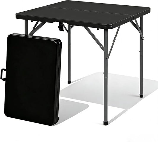 34 Inch Square Folding Card Table - Heavy Duty HDPE Plastic, Fold-in-Half Design with Carry Handle. Indoor Outdoor Portable Utility Table for Picnic, Camping, Party, Dining & Tailgating (Black) ﻿