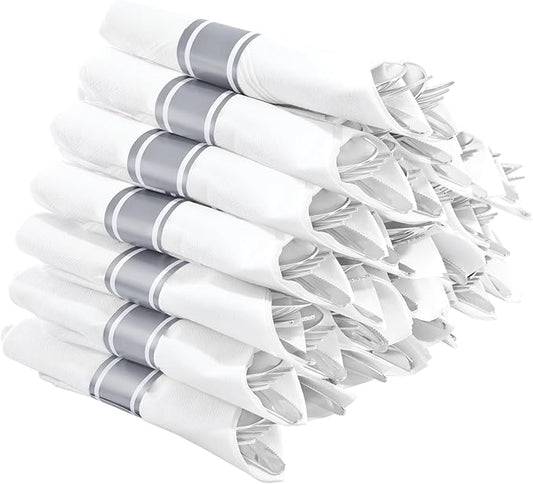 Supernal Pre Rolled Silver Plastic Silverware Set of 30 Wrapped Cutlery,Heavy Duty Disposable Wrapped Cutlery Set for Business Banquets, Weddings, Mother's Day,Graduations & 2026 Events